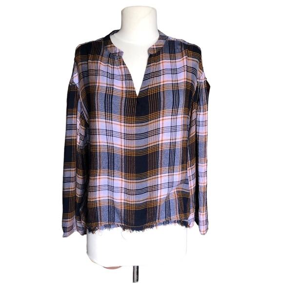 Jessica Simpson Jenna Womens Boho Hi-Lo Plaid Notch-Neck Pullover Top Small - Picture 1 of 12